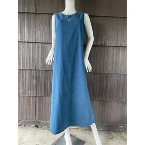 🔥Vintage 90s Y2K Denim & Co Floral Embroidered Maxi Blue Denim Dress Jumper M